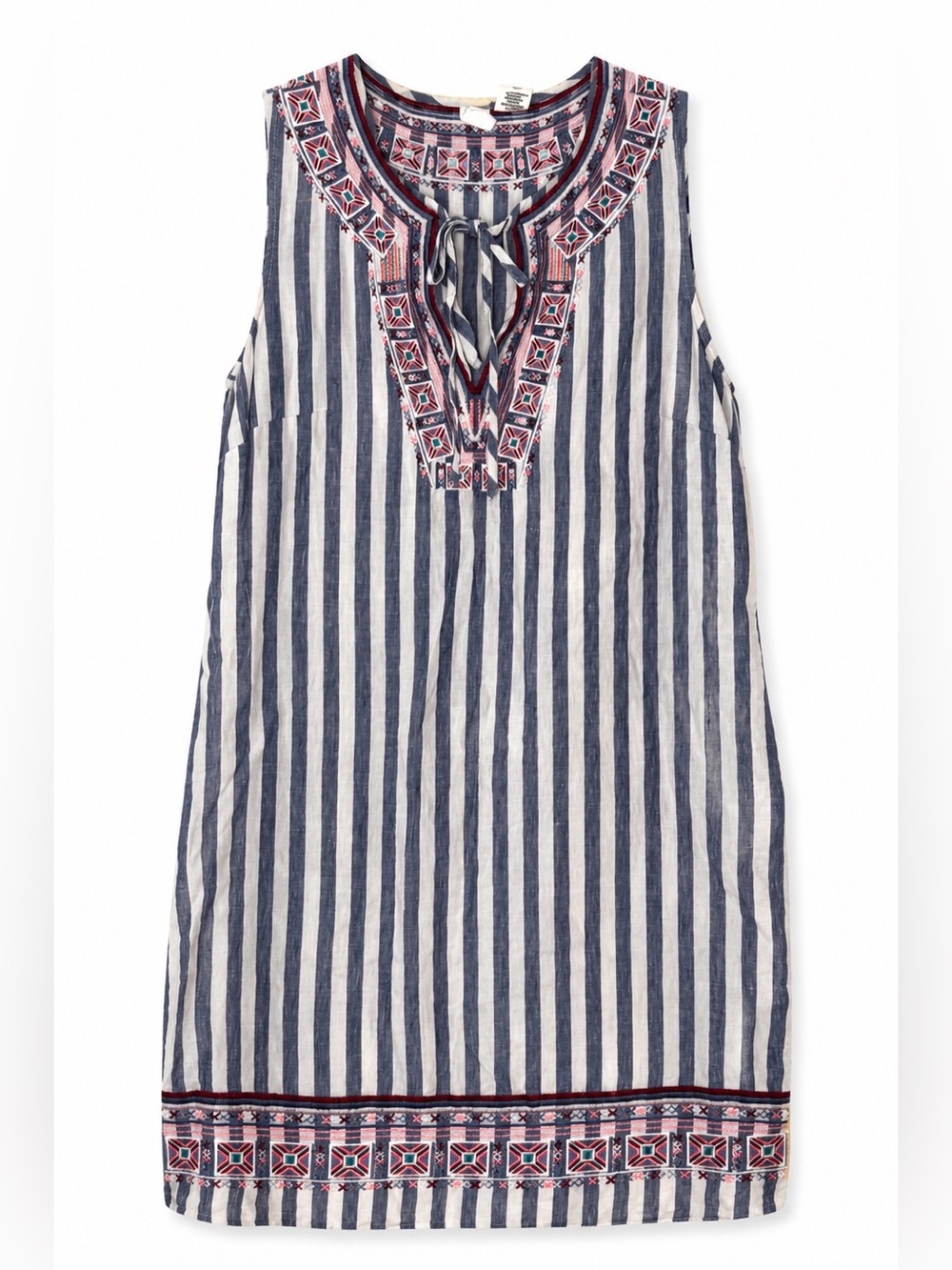 100% LINEN Artisan NY Embroidered Striped Shift Dress XS Boho Coastal